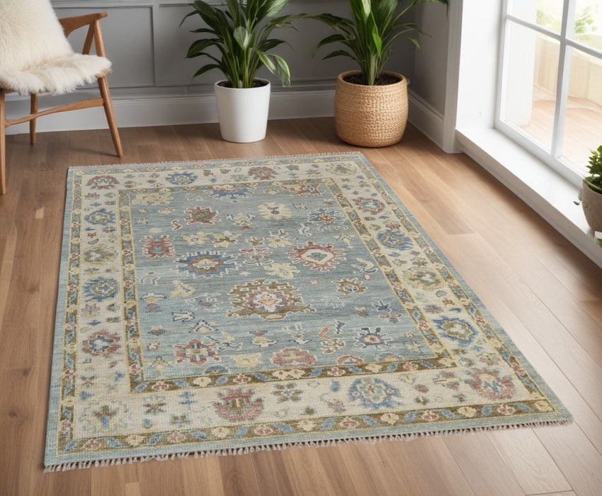 4' x 6' Wool Floral Hand Knotted Area Rug With Fringe - Blue Ivory And Yellow