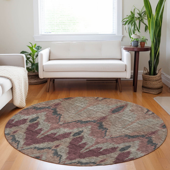8' Ikat Washable Round Rug With UV Protection - Burgundy
