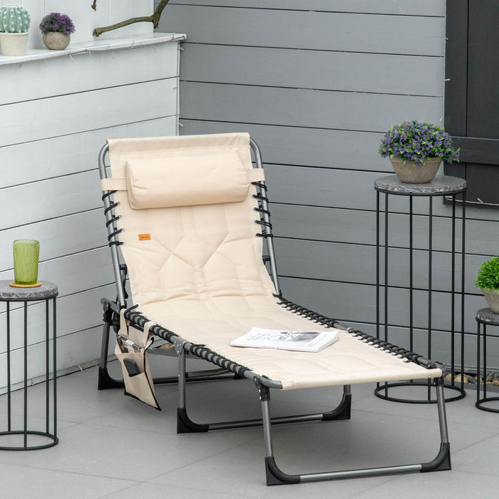 Giga Outsunny beige padded folding lounge chair with headrest, outdoor 6-level adjustable reclining camping and patio chair.
