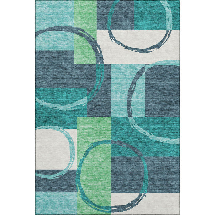 10' X 14' Geometric Washable Area Rug With UV Protection (675096) - Teal / Ivory / Green