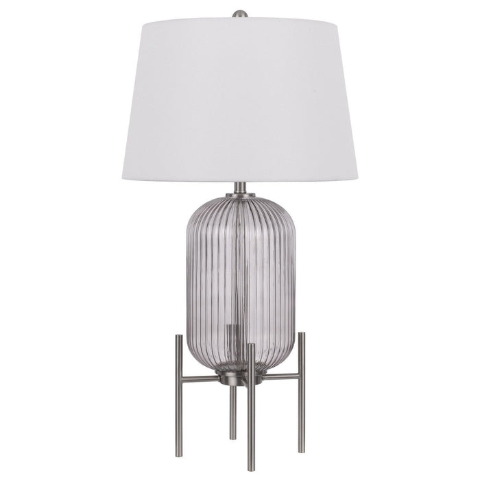 Glass Round Table Lamp With White Empire Shade - Nickel