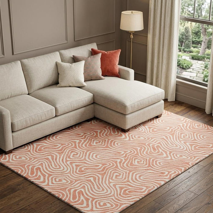 10' X 14' Abstract Washable Area Rug With UV Protection (680909) - Salmon / Ivory