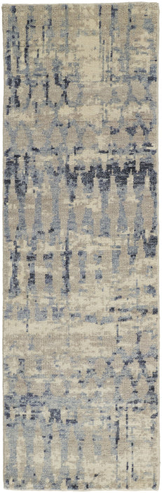 8' Wool Abstract Hand Knotted Runner Rug - Gray Blue And Ivory