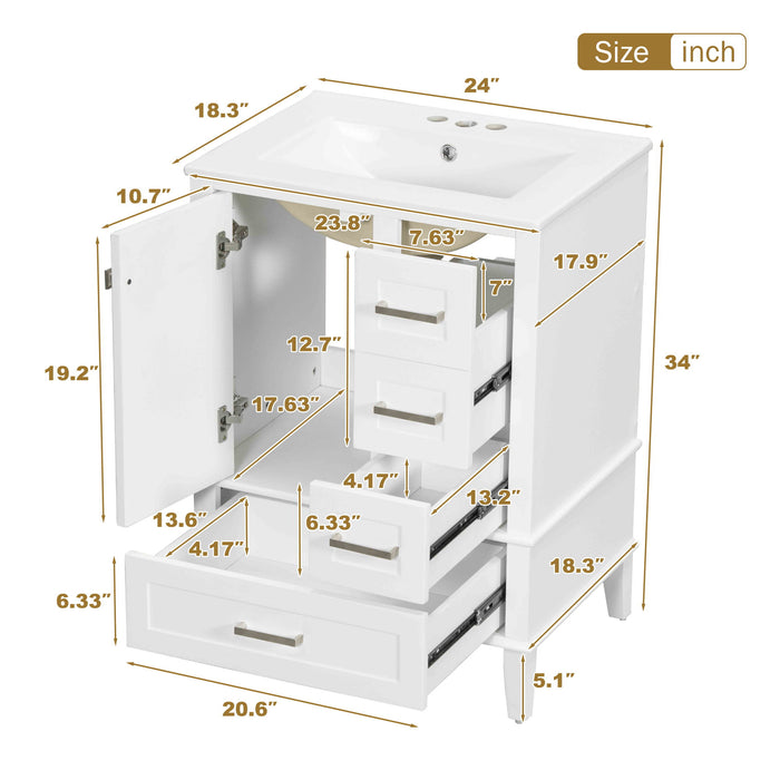 Modern Giga bathroom vanity with sink, solid wood frame, soft-closing door, and three drawers for stylish bathroom storage.