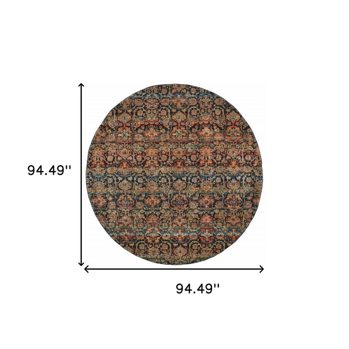 7.9' x 7.9' Round Abstract Power Loom Area Rug - Blue And Ivory