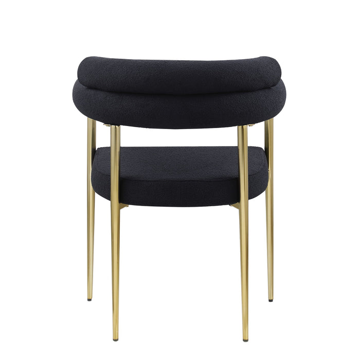 Set of 2 Giga mid-century modern dining chairs with boucle backrests, Sherpa upholstery, and brushed metal legs for kitchen or dining room.