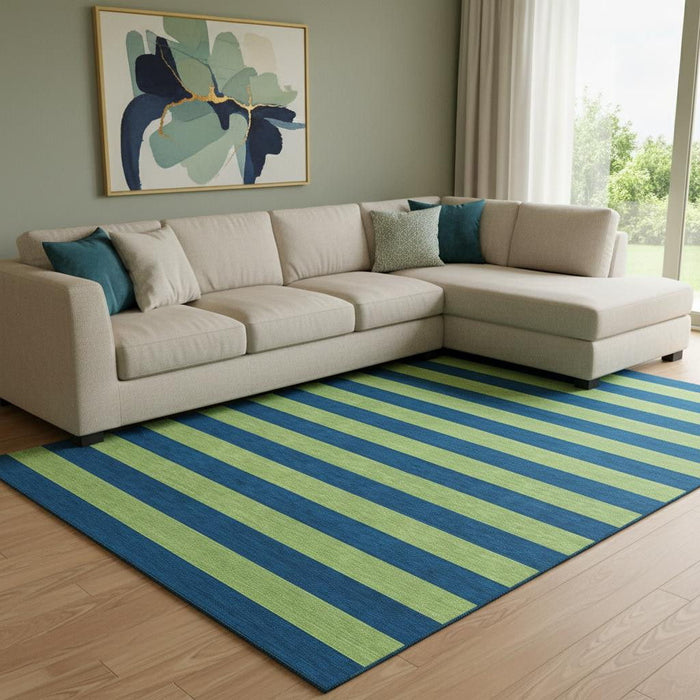 9' X 12' Striped Washable Area Rug With UV Protection (647757) - Navy Blue / Green