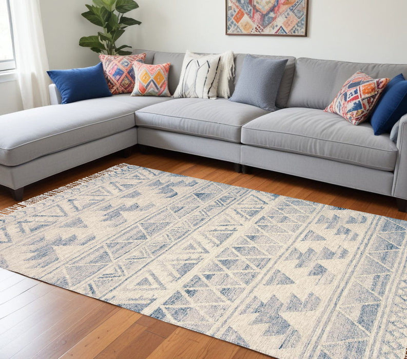 9' x 12' Wool Geometric Flatweave Handmade Area Rug With Fringe - Blue And Ivory
