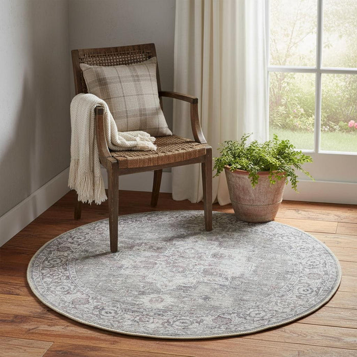 5' Floral Power Loom Worn Faded Round Rug (573537) - Gray