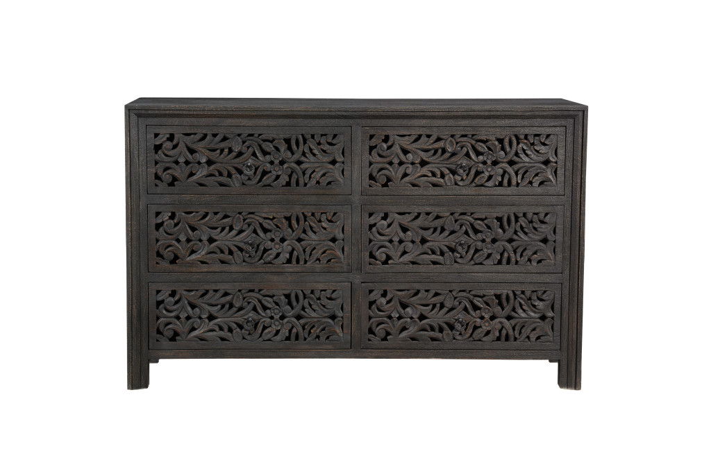 57" Solid Wood Six Drawer Dresser - Black