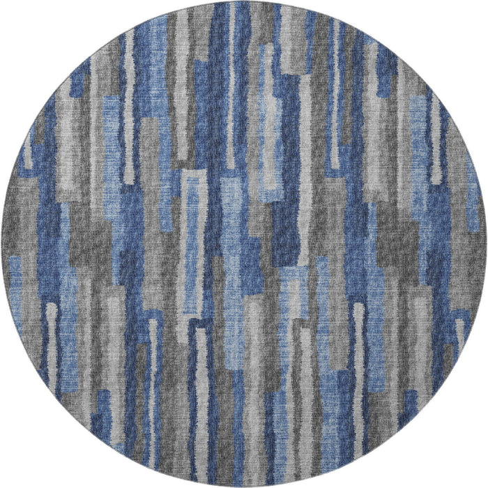 8' Transitional Abstract Washable Polyester Round Rug With UV Protection - Blue / Gray