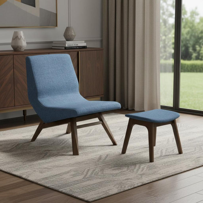 Solid Color Lounge Chair With Ottoman - Blue And Walnut