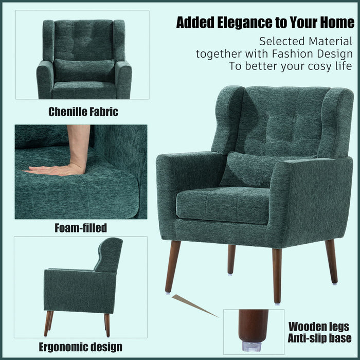 Giga modern accent arm chair with soft upholstery, wooden legs, pillow, ideal for living room or bedroom seating.
