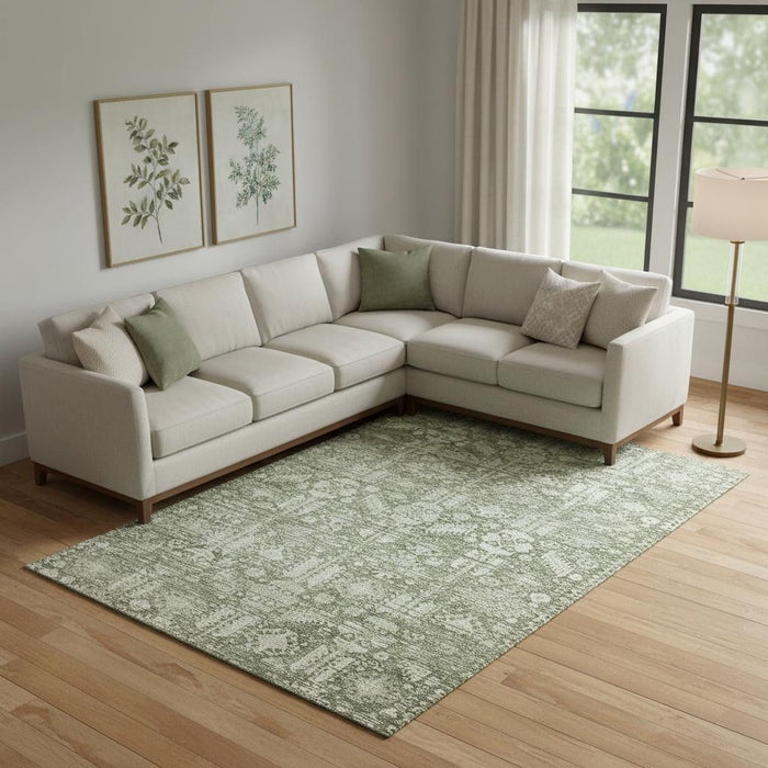 10' X 14' Oriental Washable Area Rug With UV Protection (700841) - Artichoke Green / Ivory
