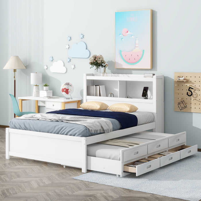 Giga full size white platform bed with trundle, built-in drawers, USB ports, and shelves, shown in a modern bedroom setting.