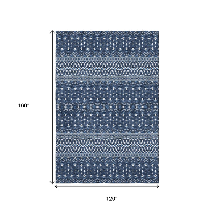 10' X 14' Tribal Washable Area Rug With UV Protection (657125) - Navy Blue / Ivory