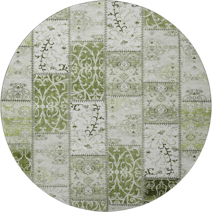 8' Patchwork Distressed Washable Round Rug With UV Protection (649573) - Green / Ivory