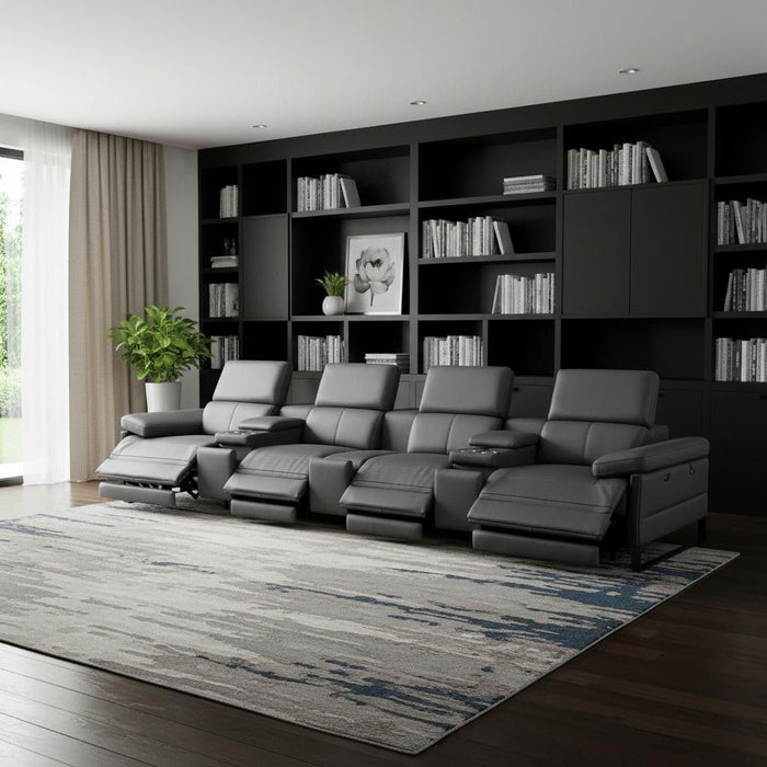 Top Grain Leather Reclining Metal USB Sofa (720348) - Dark Gray