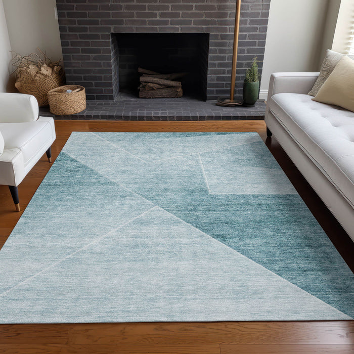 10' X 14' Geometric Washable Area Rug With UV Protection - Ivory And Teal