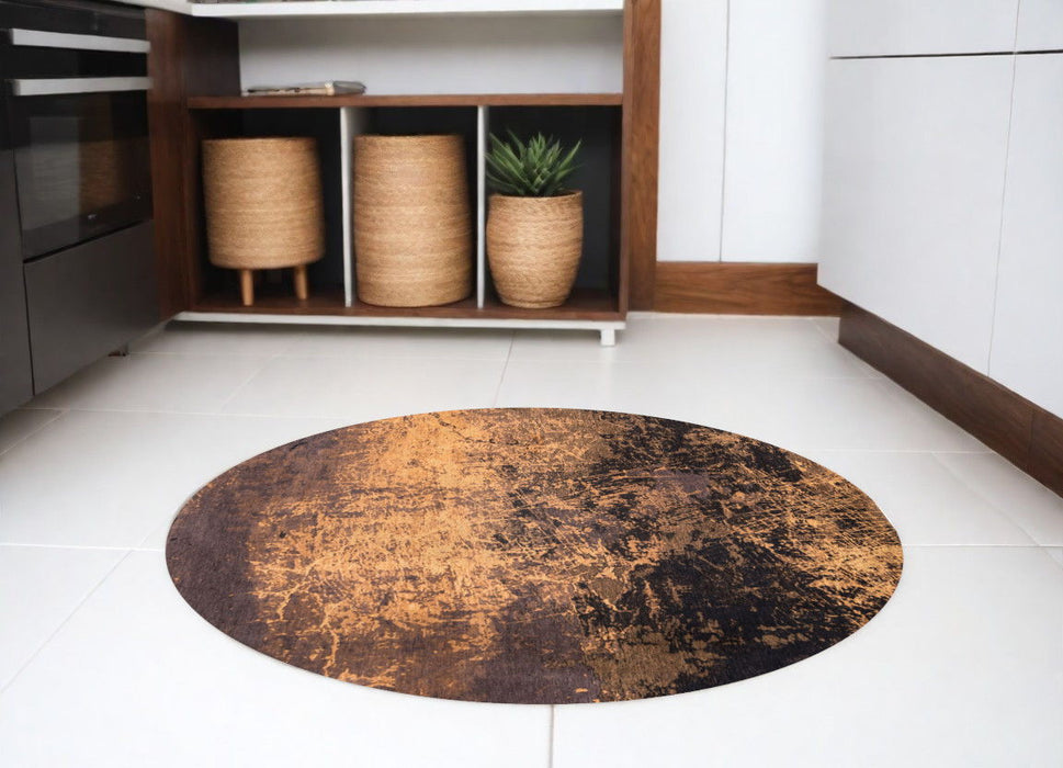 5' Round Abstract Non Skid Area Rug - Yellow And Brown