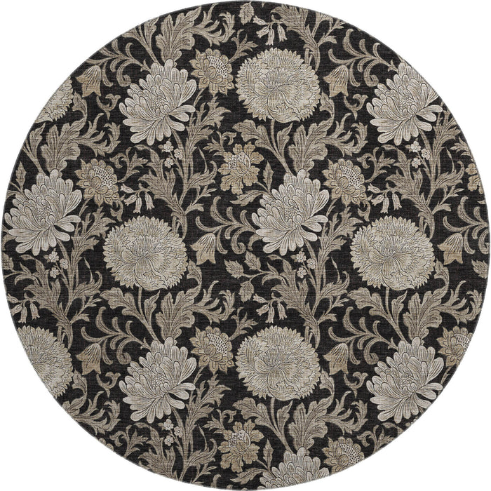 8' Floral Washable Round Rug With UV Protection (655773) - Black / Beige