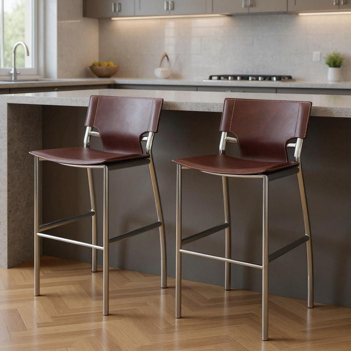 Faux Leather Metal Low Back Counter Height Bar Chairs (Set of 2) - Brown / Silver