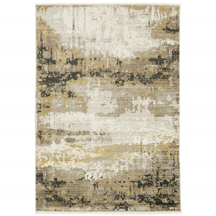 10' x 13' Abstract Power Loom Stain Resistant Area Rug With Fringe - Gray Gold Black Charcoal And Beige