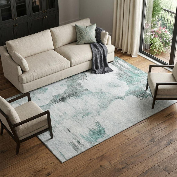 10' X 14' Abstract Washable Area Rug With UV Protection (657239) - Teal / Gray / Ivory