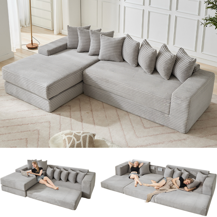 [NEW ARRIVED] [VIDEO PROVIDED]   Oversize Cloud Couch, L-Shape Sofa, Convertible Floor Sleeper Sofa Bed,  No Assembly ,Eight pillows,3-in-1,Side Pocket,(Left Facing Sofa),Corduroy,Light Gray