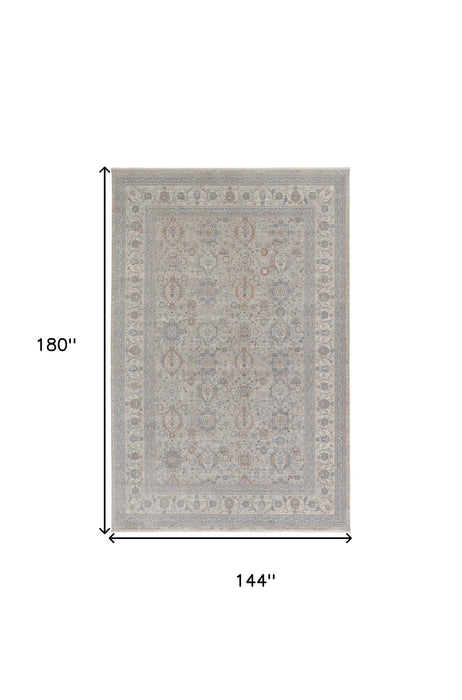 12' x 15' Oriental Power Loom Worn Faded Area Rug With Fringe - Silver Taupe And Blue