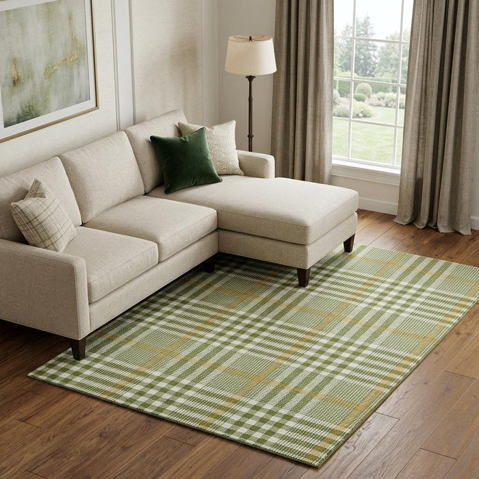 10' X 14' Plaid Washable Area Rug With UV Protection (682649) - Olive Green / Ivory / Gold