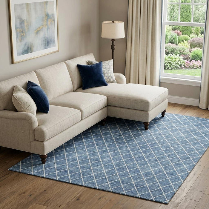 10' X 14' Geometric Washable Area Rug With UV Protection (674077) - Denim Blue / Ivory
