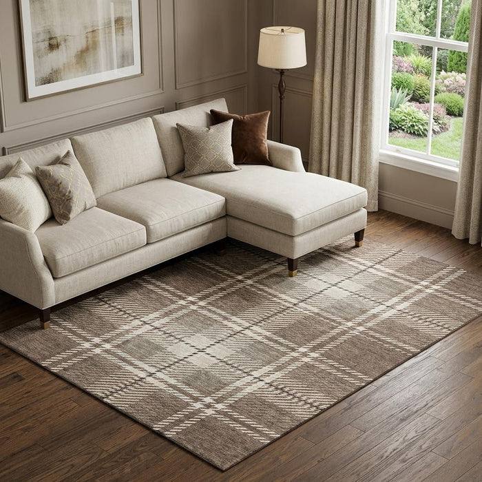 10' X 14' Plaid Washable Area Rug With UV Protection (674299) - Brown / Ivory / Taupe