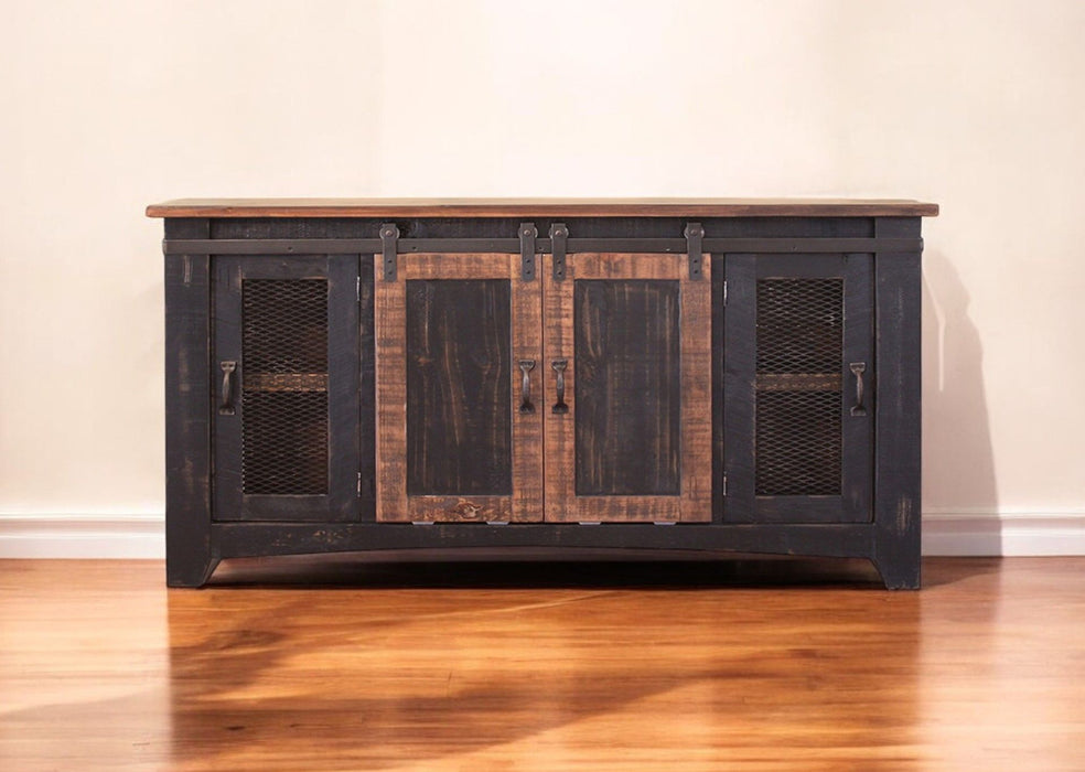 Cabinet Enclosed Storage Distressed TV Stand - Black