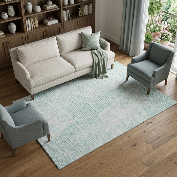 10' X 14' Diamond Washable Area Rug With UV Protection (650554) - Aqua / Ivory
