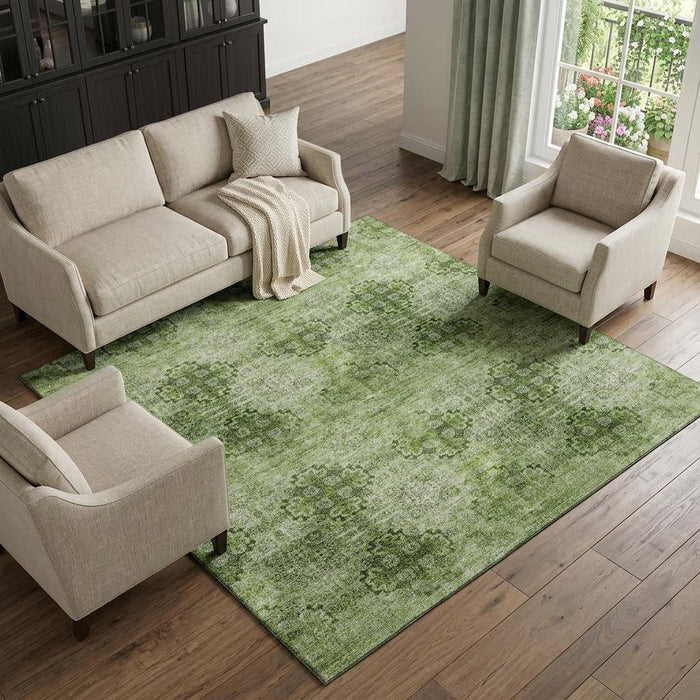 10' X 14' Floral Medallion Distressed Washable Area Rug With UV Protection (648940) - Olive Green / Ivory