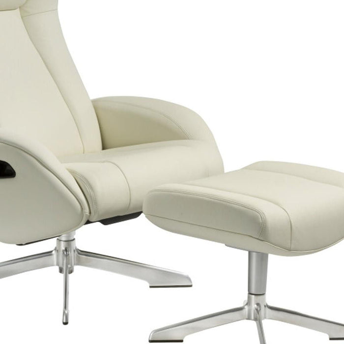 White genuine leather tufted swivel recliner with matching ottoman by HomeRoots, showcasing plush cushioning and sleek design.