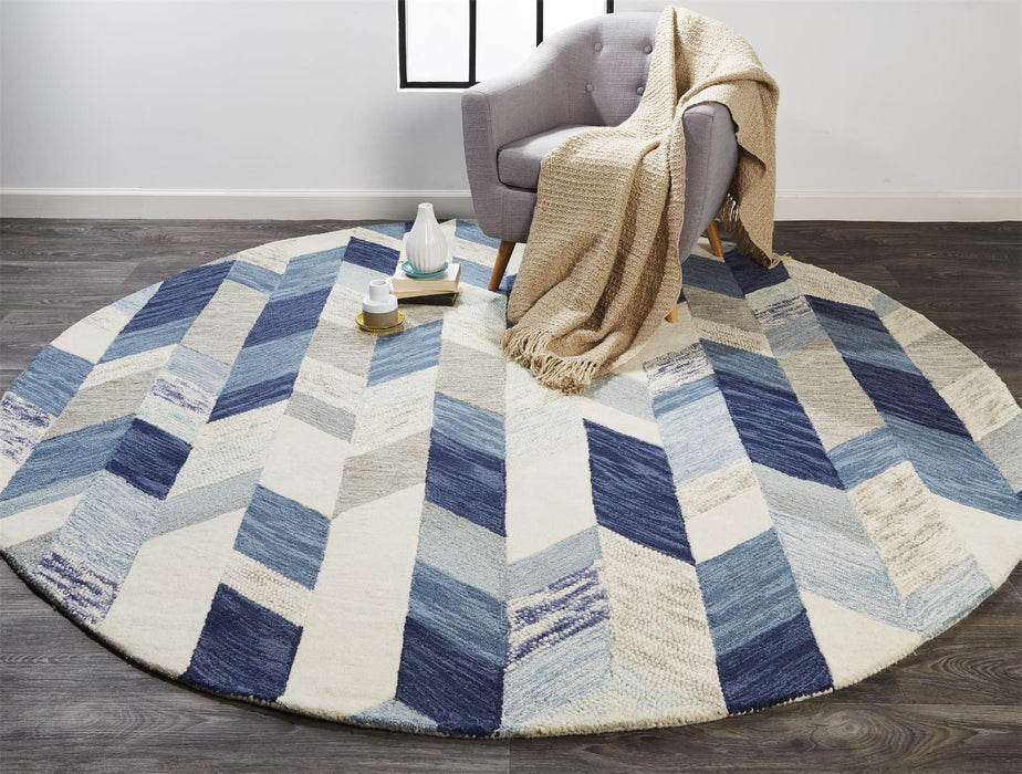 8' Round Wool Geometric Tufted Handmade Area Rug - Blue Ivory And Gray