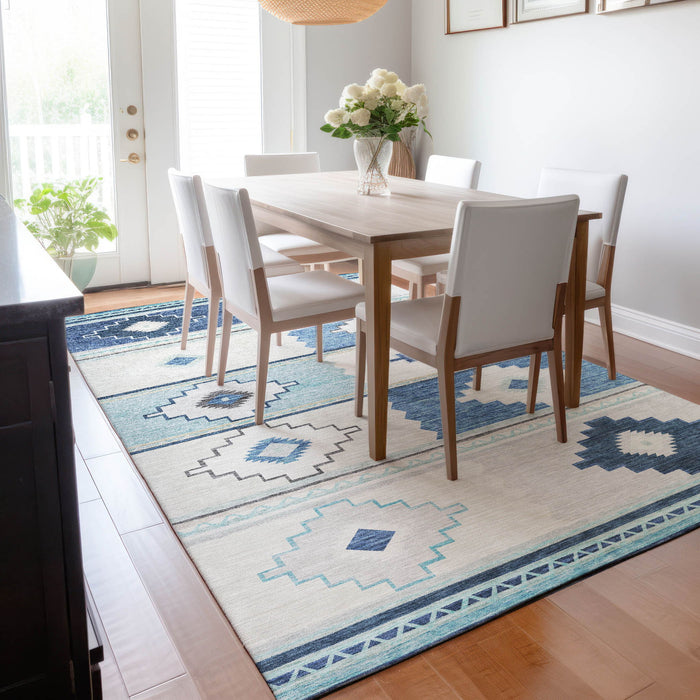 9' X 12' Southwest Geometric Washable Area Rug With UV Protection - Blue And Ivory