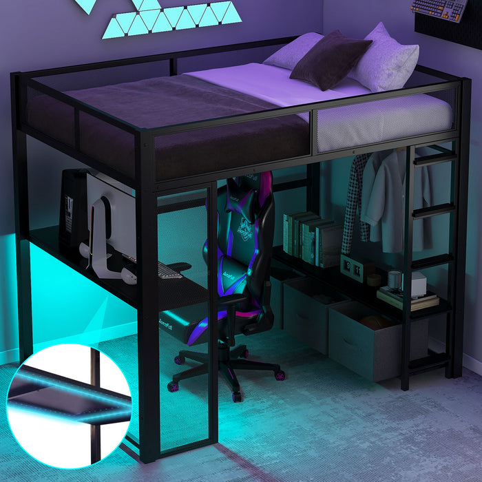 Giga black full size gaming loft bed with LED desk, open wardrobe, and three linen storage drawers in a modern bedroom.