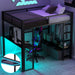 Giga black full size gaming loft bed with LED desk, open wardrobe, and three linen storage drawers in a modern bedroom.