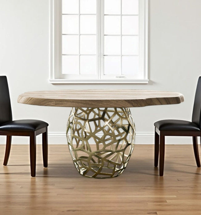 63" Rounded Solid Wood And Iron Pedestal Base Dining Table - Brown