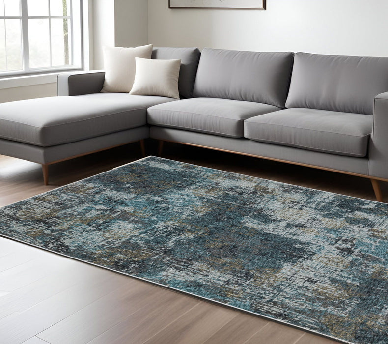 8' X 11' Abstract Distressed Area Rug With Fringe - Blue And Gray