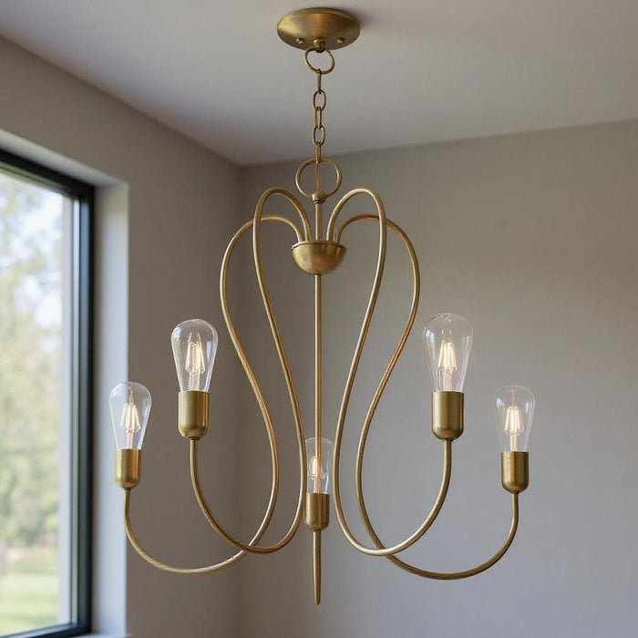 25" Five Light Dimmable Chandelier With Shades - Antiqued Brass