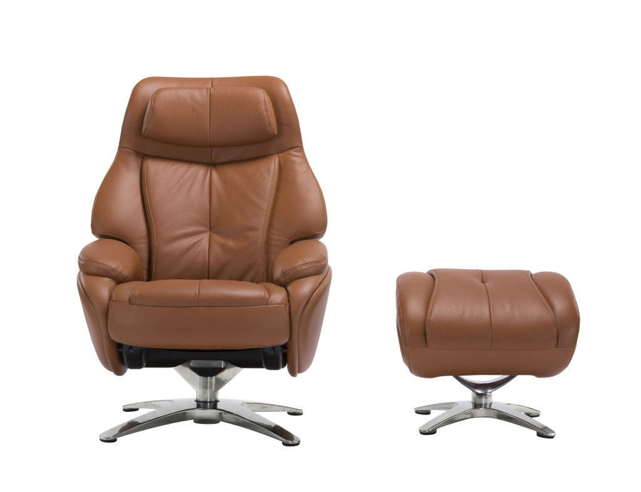 HomeRoots Russet tufted genuine leather manual swivel recliner with matching ottoman, showcasing plush cushioning and elegant design.