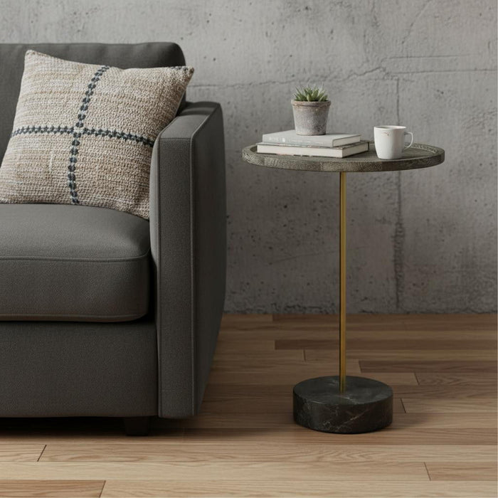 30" Solid Wood And Marble Round End Table - Black And Brown