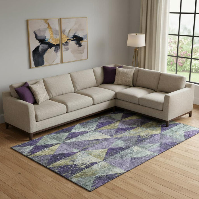 10' X 14' Geometric Washable Area Rug With UV Protection (699076) - Eggplant / Gold / Ivory