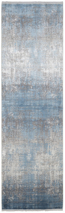 3' x 10' Abstract Power Loom Distressed Runner Rug With Fringe - Blue Gray And Silver
