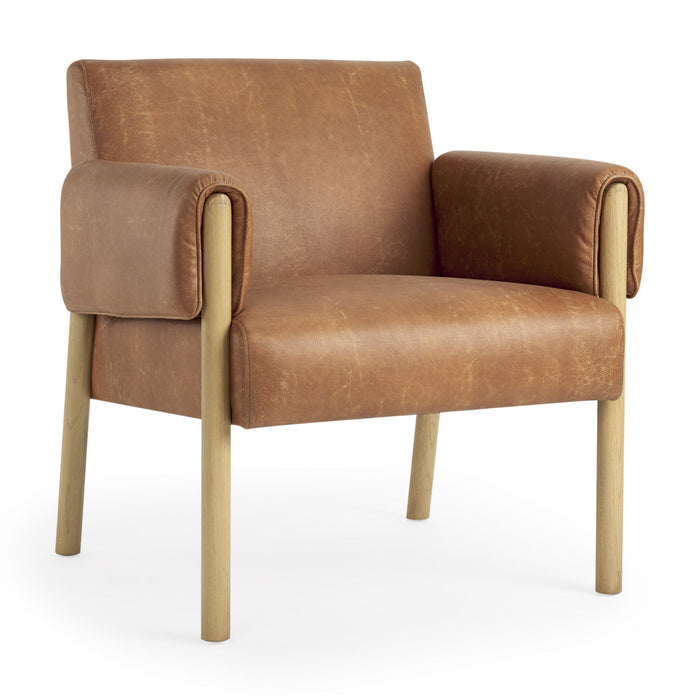 Faux Leather And Solid Wood Arm Chair - Brown