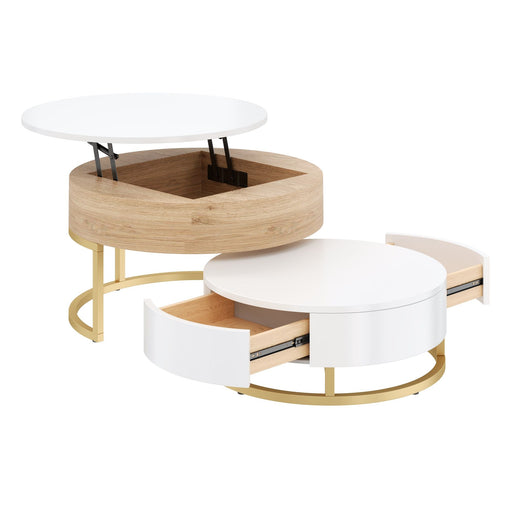 Modern Giga round nesting coffee tables with lift-top design, featuring two drawers for storage, in a sleek contemporary style.